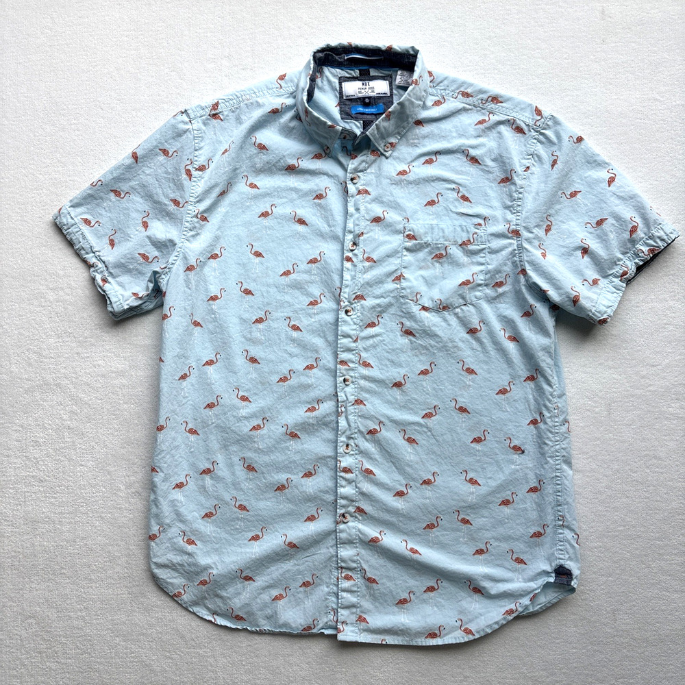 MBX Button Down Shirt Mens XL Blue Flamingo Print Short Sleeve Cotton Pocket
